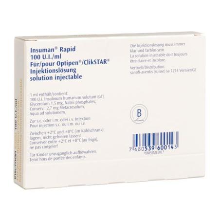 Insulin Insuman Rapid Inj L&ouml;s Optipen 5 x 3 ml - PrimeCare Global