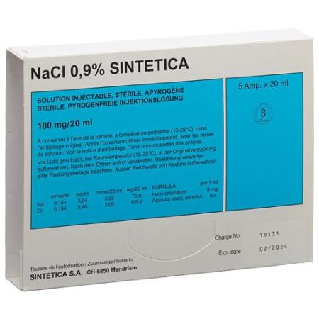 NaCl 0.9% Sintetica Inj L&ouml;s 180 mg/20ml 20ml ampoules 5 pcs - PrimeCare Global